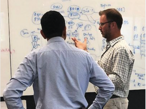 Justin working through a venture model with a client at the whiteboard