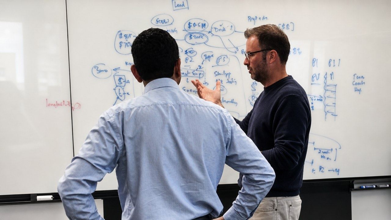 Justin Jarvinen working through a strategy map at a whiteboard