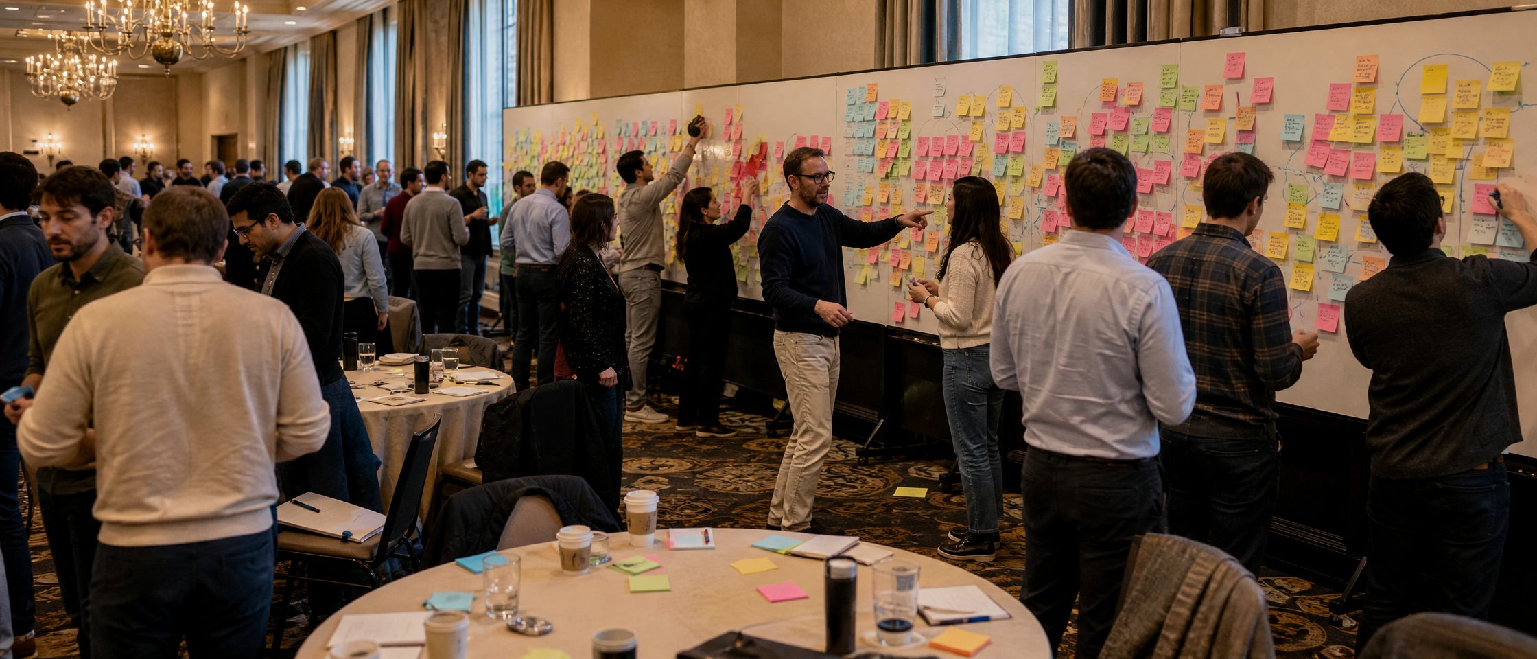 Justin Jarvinen facilitating more than thirty leaders at a wall of sticky notes in a hotel ballroom